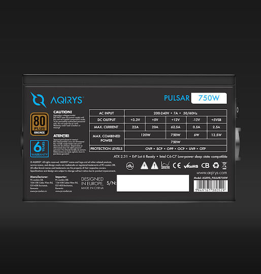 Aqirys Pulsar 750W Negru Sursă de Alimentare Calculator Complet cu fir 80 Plus Bronze
