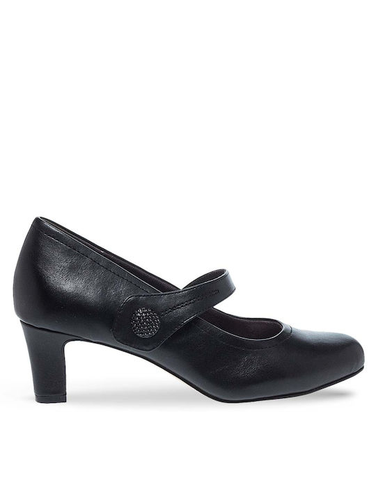 Jana Synthetic Leather Black Heels with Strap Softline