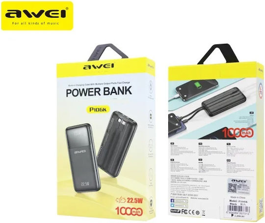 Awei P106K Power Bank 10000mAh 22.5W with 2 USB-A Ports and USB-C Port Black