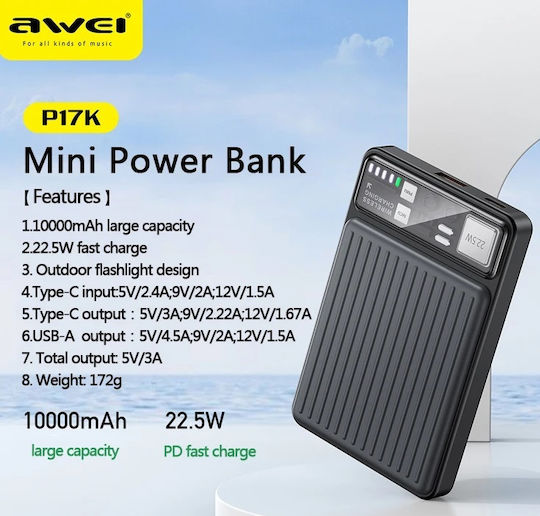 Awei P17K Power Bank 10000mAh 22.5W με Θύρα USB-A και Θύρα USB-C Γκρι