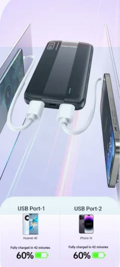 Awei P20K Power Bank 10000mAh cu 2 Porturi USB-A Negru