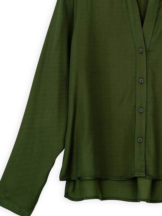 Women's Satin Long Sleeve Shirt Olive