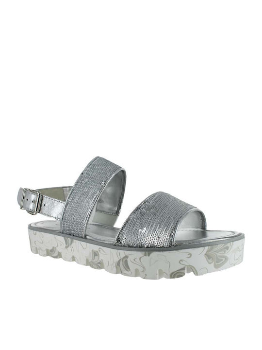 Leather Women's Flat Sandals in Silver Color