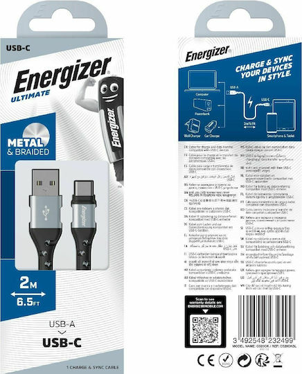 Energizer Braided USB 2.0 Cable USB-C male - USB-A Ασημί 2m C520CKSL