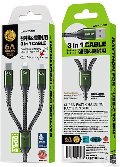 WK Series USB to Type-C / Lightning / micro USB Cable Μαύρο 1.2m (WK-WDC-170_BLACK)