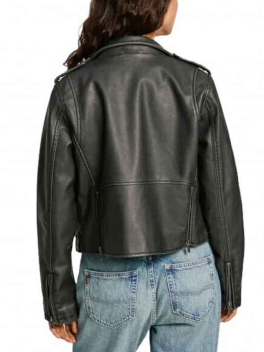 Pepe Jeans Ciry Women's Short Biker Leather Jacket for Winter Black