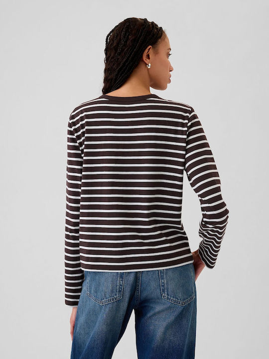 GAP Women's Blouse Cotton Long Sleeve Striped Brown And White