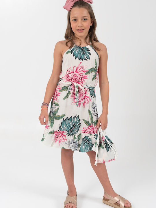 Trax Set Rochie pentru Copii cu Accesorii Floral Fără mâneci Alb