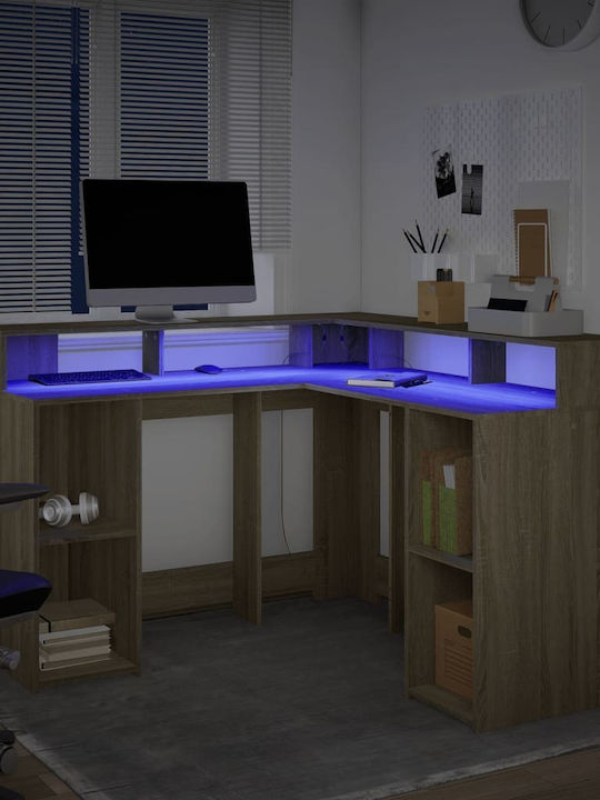 Γωνιακό Γραφείο Ξύλινο Μπεζ με LED & USB θύρες 130x130x91εκ.