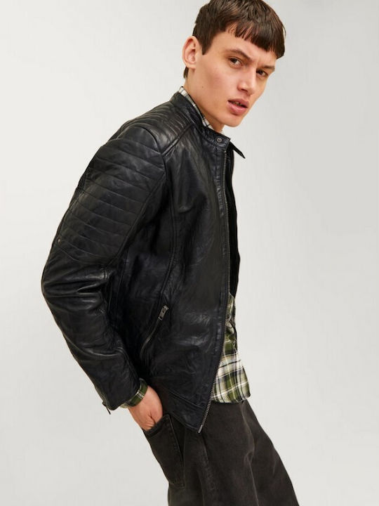 Jack & Jones Men's Leather Biker Jacket Black