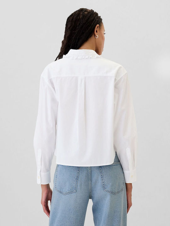 Κλασσικό Cropped Ποπλίνα Πουκάμισο Βολάν White