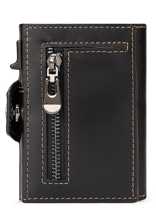 Leather Men's Wallet Cards with RFID and Slide Mechanism Black
