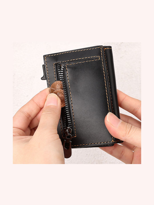 Leather Men's Wallet Cards with RFID and Slide Mechanism Black