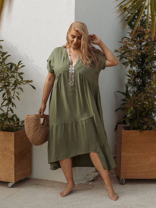 Midi Linen Ruffle Dress Khaki Khaki