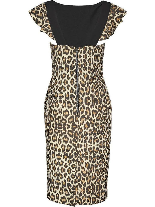 Midi Evening Dress with Ruffles Beige