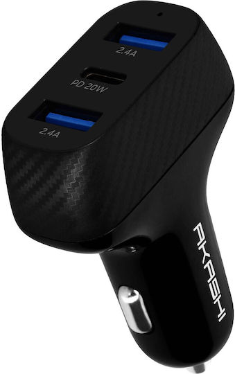 Auto-Ladegerät 37W Dual USB 3.0 + 1x USB-C Power Delivery Akashi Schwarz