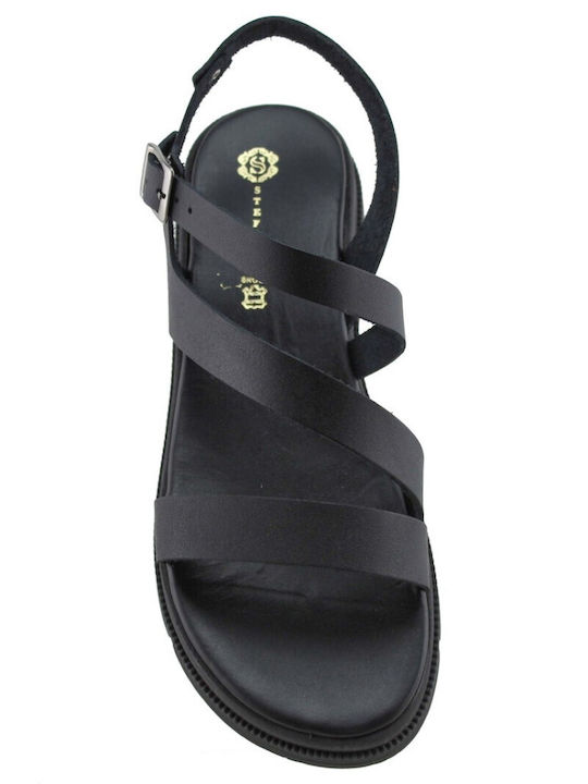 Stefania Leather Women's Flat Sandals Flatforms in Black Color