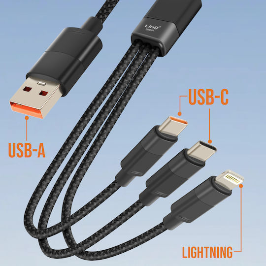 Cablu Linq USB la USB-C Lightning 60W USB la Lightning + 2 USB-C 1.2m Negru