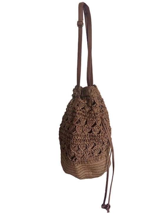 Women's Medium Brown Woven Bucket Bag with Strap Baria