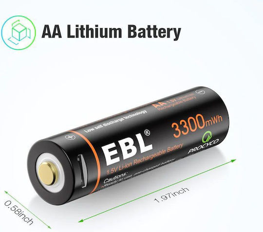EBL Επαναφορτιζόμενες Μπαταρίες AA Li-ion 3300mAh 1.5V 4τμχ