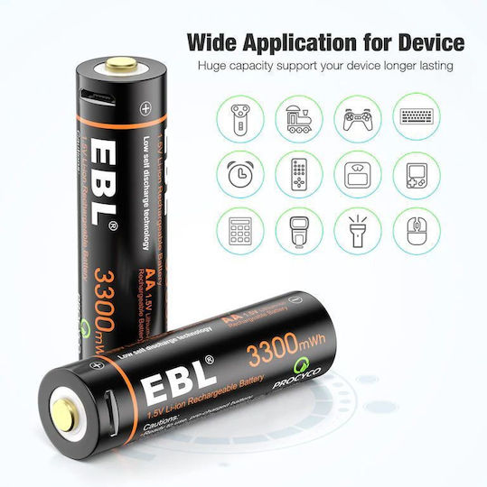 EBL Επαναφορτιζόμενες Μπαταρίες AA Li-ion 3300mAh 1.5V 4τμχ