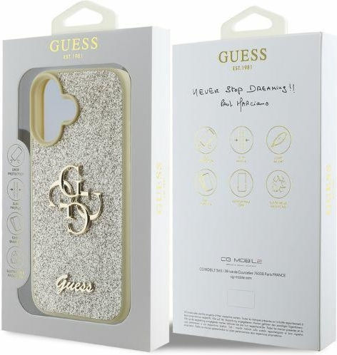 Guess Fixed Glitter Umschlag Rückseite Kunststoff Gold (iPhone 16)