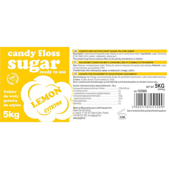 Gelber Zuckerwatte-Zucker mit Zitronengeschmack 5kg