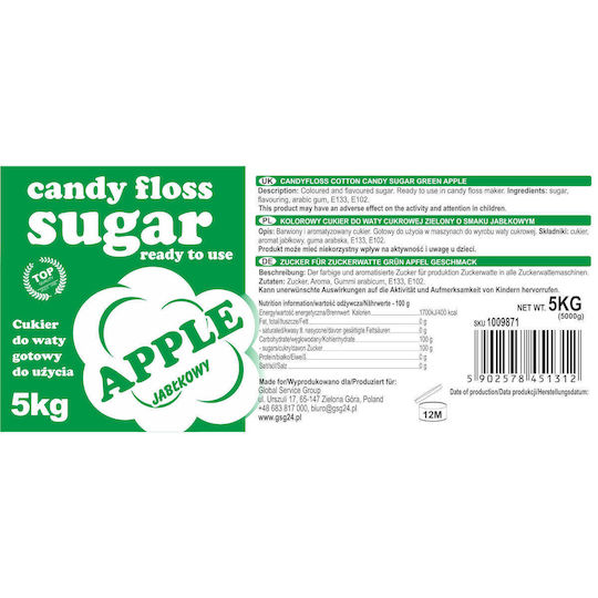 Zuckerwatte Zucker mit Grünapfelgeschmack 5kg