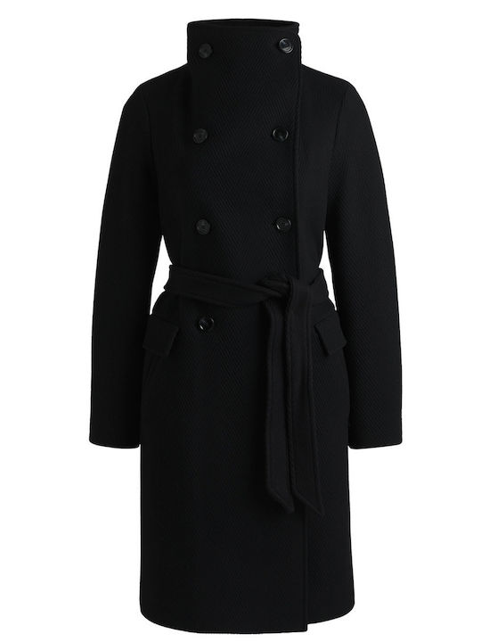 Wool Women's Black Coat with Buttons