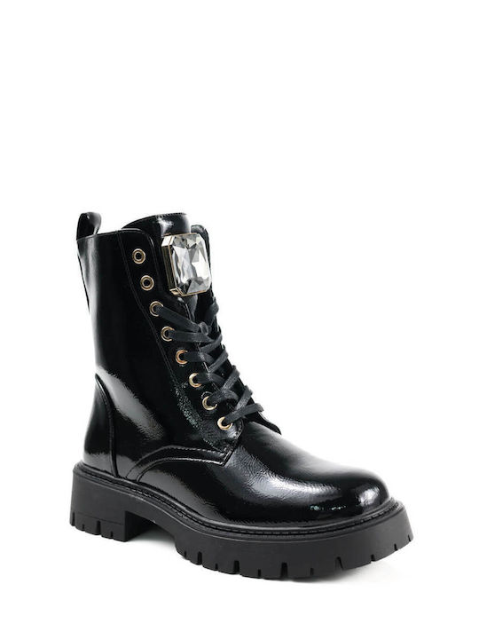 Black Glossy Ankle Boots with Decorative Stone