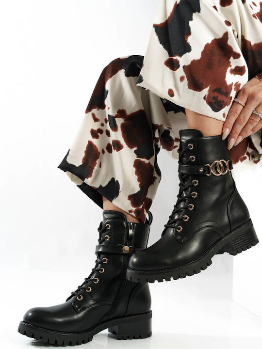 Black Ankle Boots with Decorative Gold Buckle