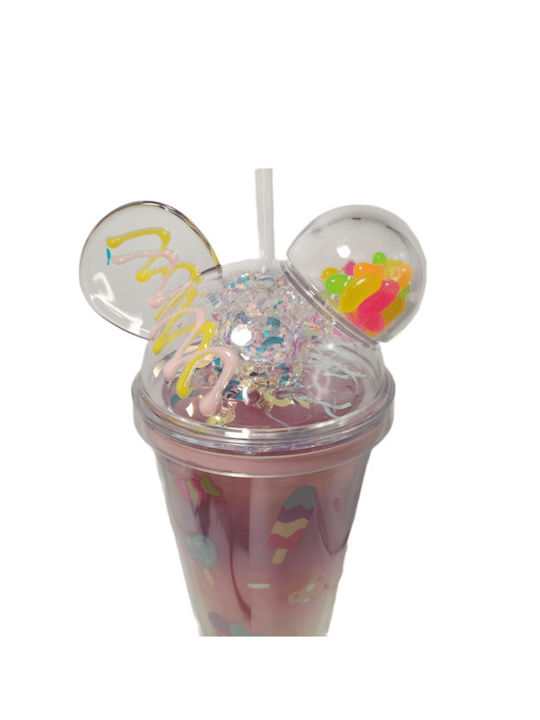 Glass made of Plastic in Pink Color with straw 450ml