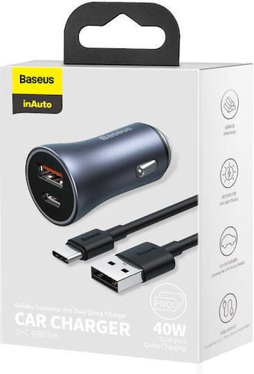 Baseus Magic Car Charger Încărcător Auto 40W cu Porturi: 1xUSB 1xType-C Negru Culoare