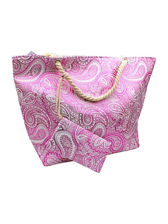 Fabric Beach Bag with Ethnic design Pink