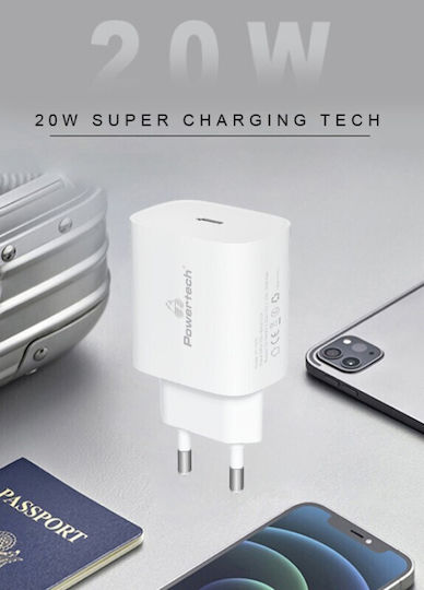 Powertech Φορτιστής Χωρίς Καλώδιο με Θύρα USB-C 20W Power Delivery Λευκός (PT-1091)