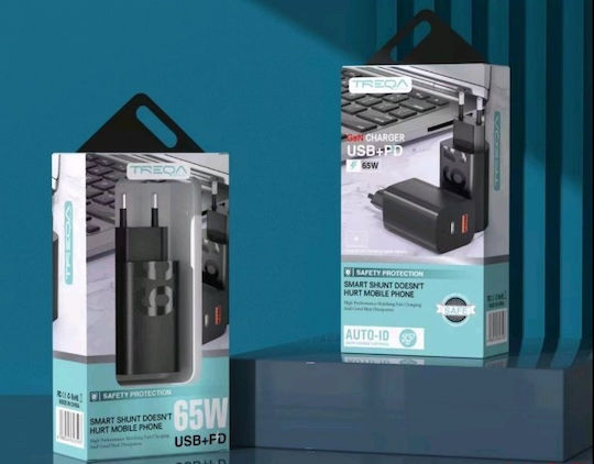 Treqa Treqa Handyladegerät Ohne Kabel GaN mit USB-A Ausgangsanschlüsse und USB-C Ausgangsanschlüsse 65W Schwarze (CH-637)