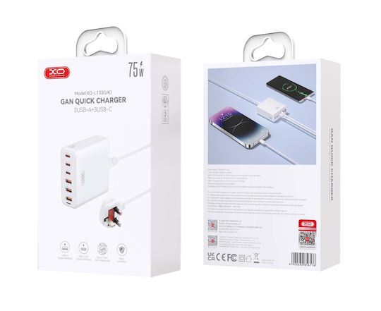 XO Stație de Încărcare GaN cu 3 Porturi USB-A și 3 Porturi USB-C și Cablu USB-C 75W Power Delivery / Quick Charge 3.0 / Quick Charge 2.0 în Culoare Albă (L133)