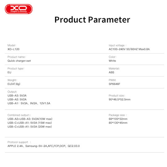 XO GaN с 3 USB-A порта и USB-C порт и кабел micro USB 20W Quick Charge 3.0 Бял (L120)