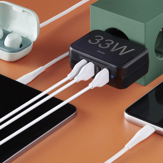 HAMA Charger Without Cable with 4 USB-A Ports 33W Quick Charge 3.0 / Power Delivery Blacks (00201629)