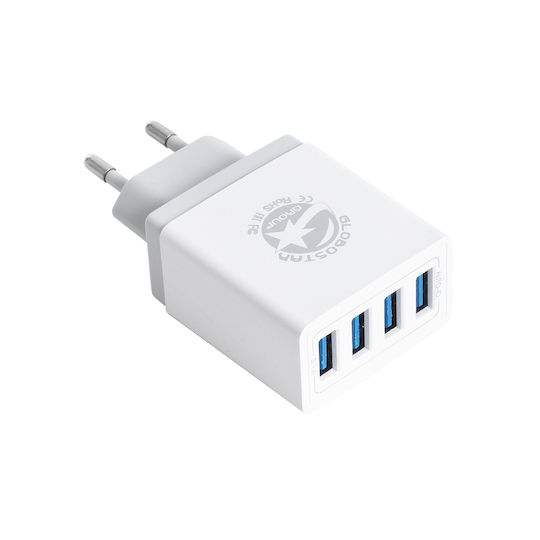 GloboStar Ladegerät ohne Kabel mit 4 USB-A Anschlüsse Weißs (69997)