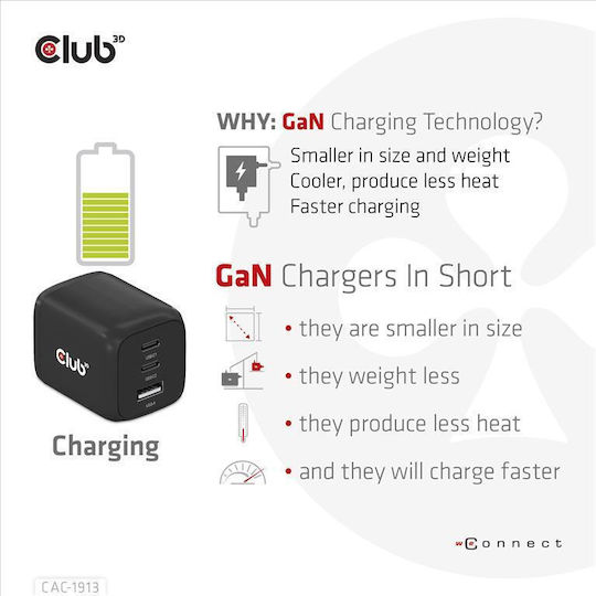 Club3D Club3D Handyladegerät Ohne Kabel GaN mit USB-A Ausgangsanschluss und 2 USB-C Ausgangsanschlüssen 65W Schwarze (PPS)