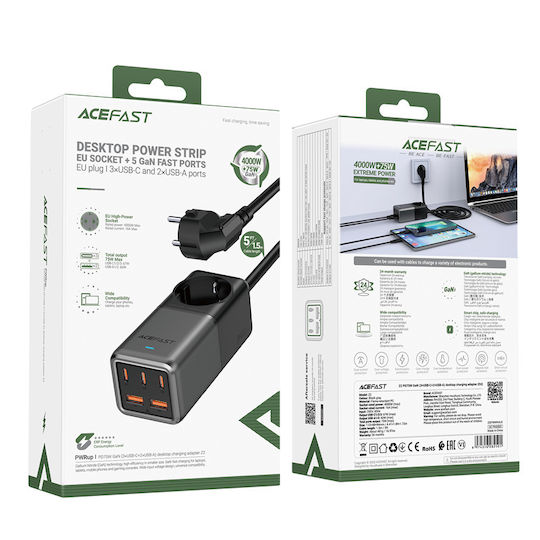 Acefast Βάση Φόρτισης GaN με 2 Θύρες USB-A και 3 Θύρες USB-C 75W Power Delivery σε Μαύρο χρώμα (Z2)