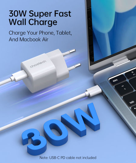 Choetech Charger Without Cable GaN with USB-C Port 30W Power Delivery Whites (PD5007)