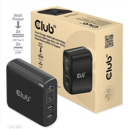 Club3D GaN Wireless Charger with 2 USB-A Output Ports and 2 USB-C Output Ports 100W Power Delivery Black