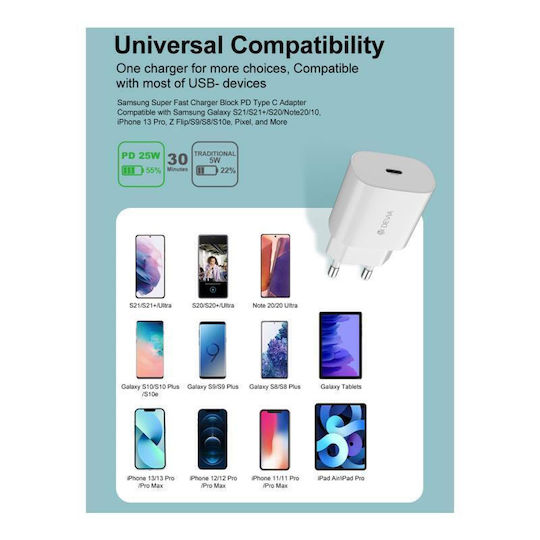 Devia Charger Without Cable with USB-C Port 25W Power Delivery Whites (EA315)