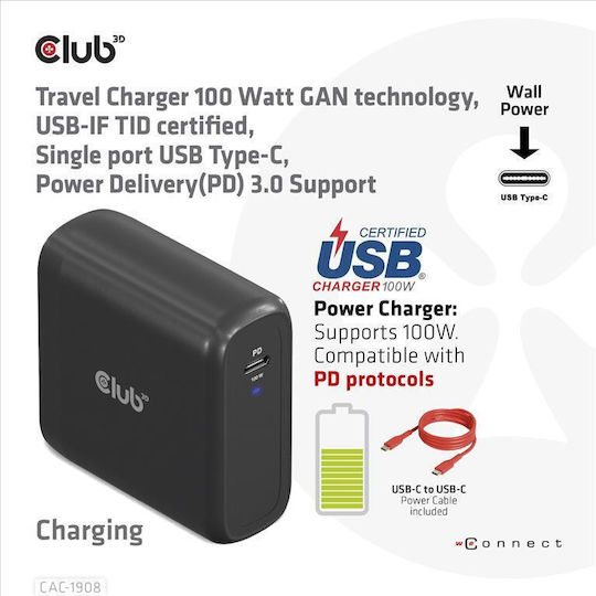 Club3D Φορτιστής Χωρίς Καλώδιο GaN με Θύρα USB-C 100W Power Delivery Μαύρος (CAC-1908)