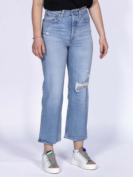 Levi's Ribcage High Waist Women's Jean Trousers with Rips in Straight Line Blue