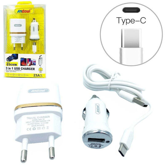 Andowl Σετ Αυτοκίνητου και Πρίζας με Θύρα USB-A και Καλώδιο USB-C Λευκός (Q-DC60B)