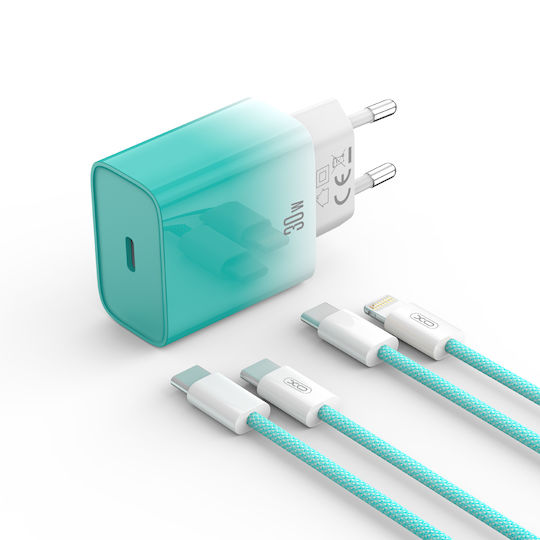 XO Ladegerät mit USB-C Anschluss und Kabel USB-C - USB-C 30W Stromlieferung Blue-White (CE18)