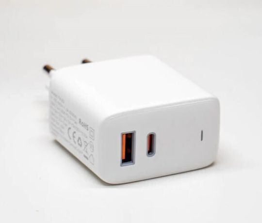 Aukey Încărcător Fără Cablu GaN cu Port USB-A și Port USB-C 65W Livrarea energiei Albς (PA-B3)